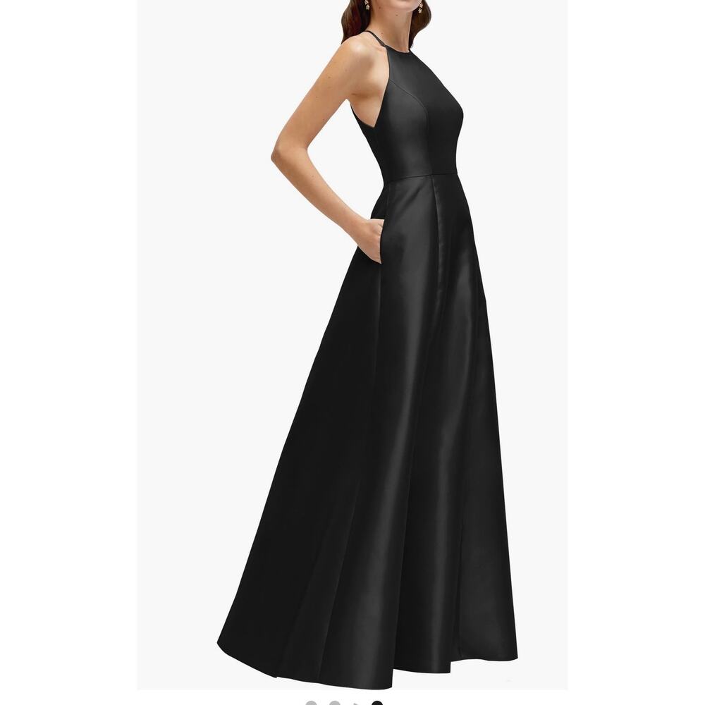 Alfred Sung Black Satin A-Line Gown - Timeless & Elegant D874 - Picture 3 of 9